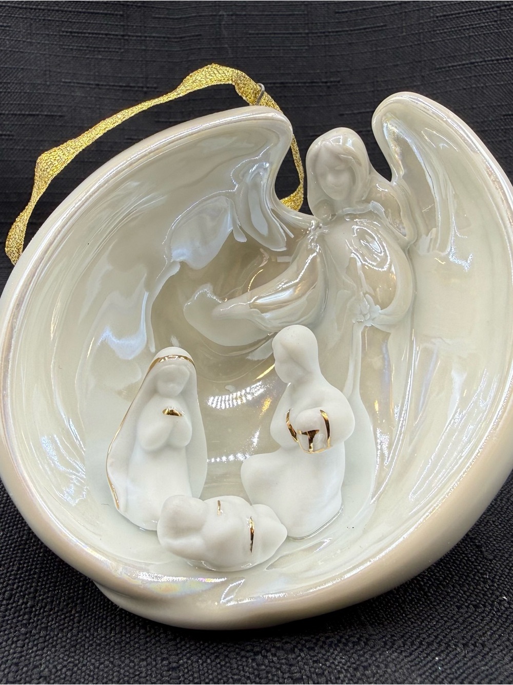 Ceramic Ivory Nativity Ornament with Gold Accents